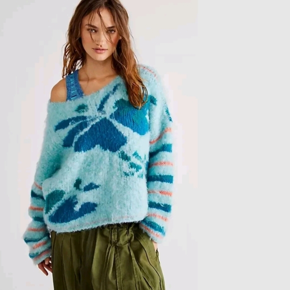 NWT Free People Lily Pullover Striped & Floral Oversized Sweater In Sky Blue - Picture 2 of 11
